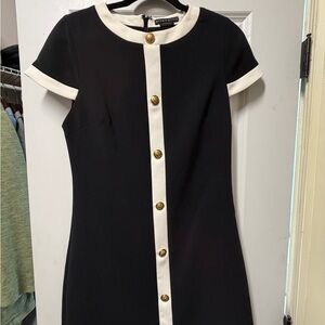 Alice+Olivia Black Mini Dress with White Trim and Gold Buttons